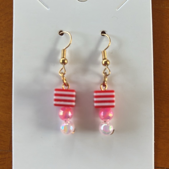 Striped Red and Pink Beaded Earrings - Picture 1 of 4